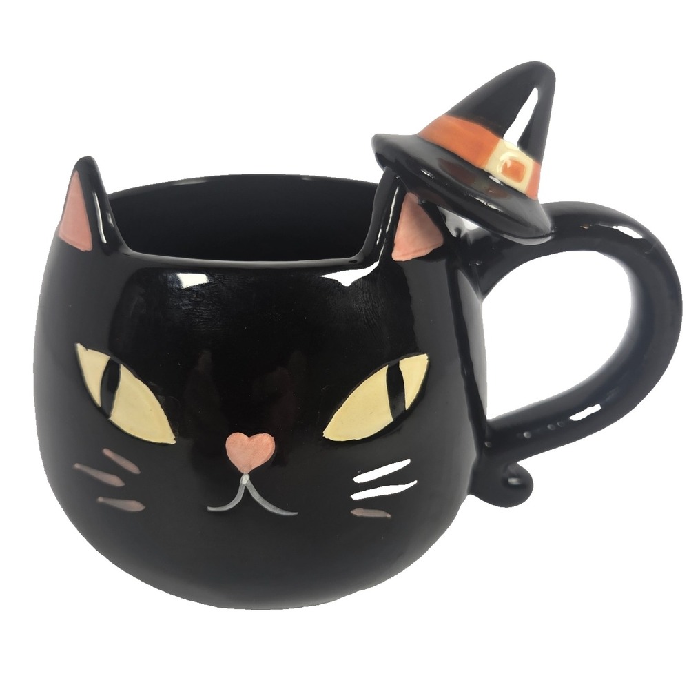 Black Cat Witch Hat Halloween Mug 16 Oz Ceramic Coffee Cup Haunted Halloween